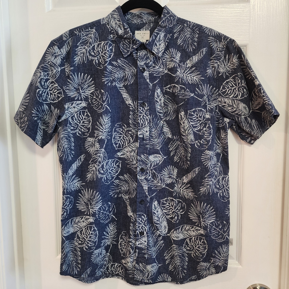 Jack Oneill Men's Blue Leaf Print Hawaiian Shirt Small